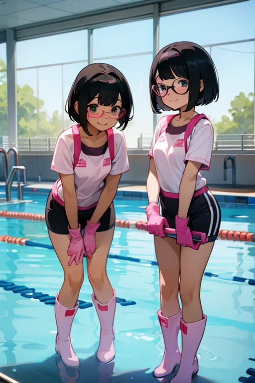 Two elementary school girls with black hair, bob hair, freckles and glasses, wearing short sleeve gym clothes and large pink rubber gloves and white rubber boots, are smiling as they clean the school pool.