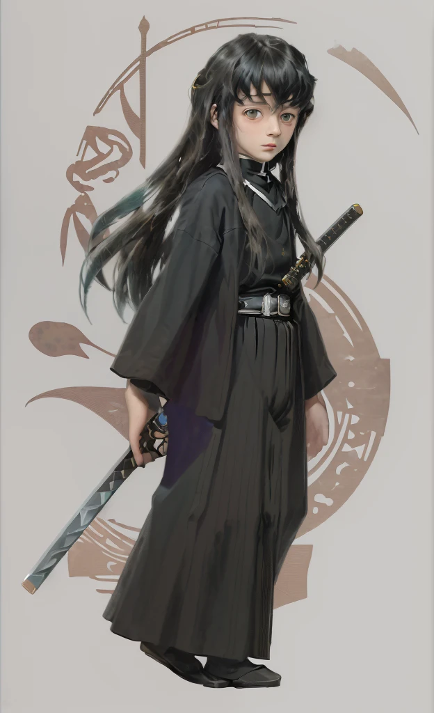 surrealistic, 8k, realistic photo, details, 1912s,  youth, beautiful eyes, sword at waist, beautiful boy with long hair, swordsman, old portrait photo from 1912, Demon Slayer, Muitiro Tokitou , samurai, simple background,