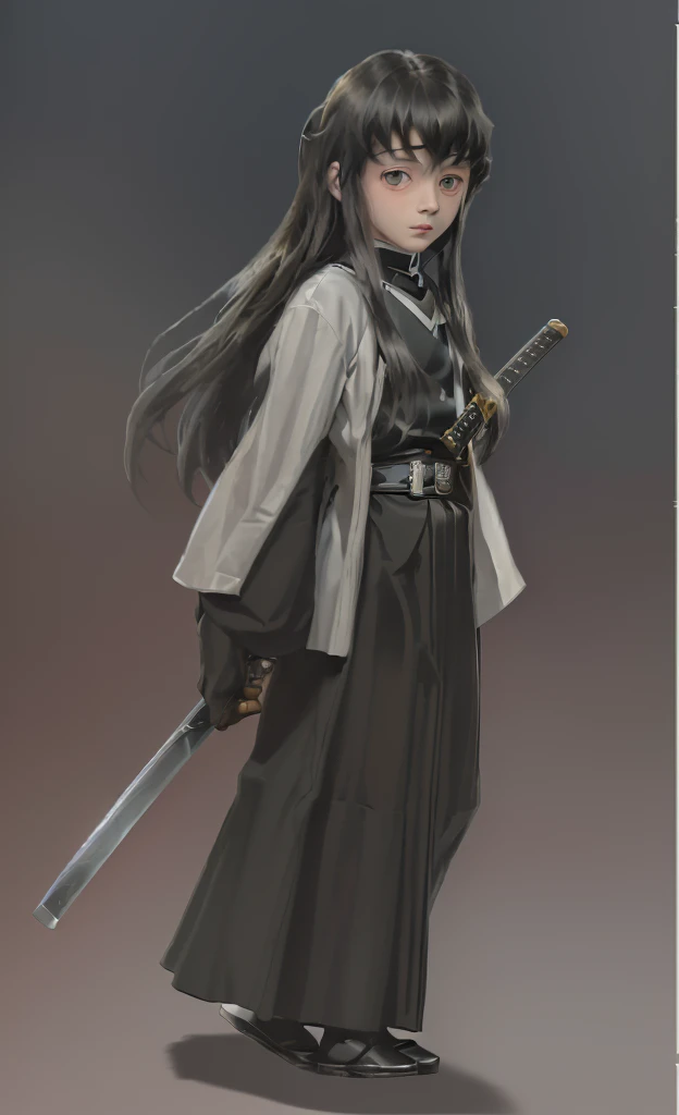 surrealistic, 8k, realistic photo, details, 1912s, 14 year old youth, beautiful eyes, sword at waist, beautiful boy with long hair, swordsman, old portrait photo from 1912, Demon Slayer, Muitiro Tokitou , samurai, simple background,