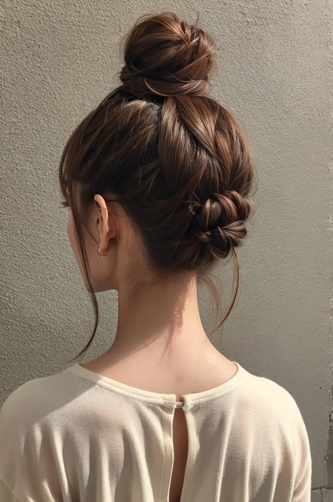 Hair in a bun Brown hair Back view Showing your back