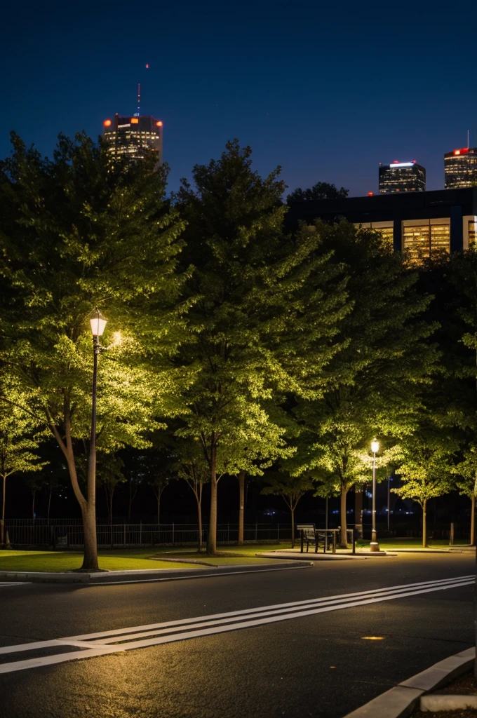 A photo of a park late at night and a parking lot in the background 