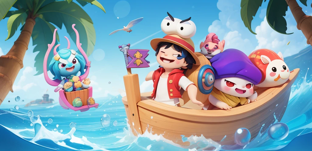 Poster,Group of people,Several characters are adventuring at sea,sticker,一只带着straw hat的snails在船上,snails,One Piece Luffy,straw hat,Detailed background,Grinning,Two eyes on the top of the head,,Biting a branch,lol,露齿lol,With a branch in his mouth,Red vest,红色和的straw hat,A pink wild boar,A purple mushroom,一只snails,A jellyfish holding a gift box filled with diamonds,Small flag,Isometric,xxxxxxxx cartoon 3d model,Low Poly,3d艺术,C4D,octane
rendering, 3D Rendering, Ray traction, Clay Materials, Pixar Trends, Animated Lighting, Depth of Field, Super Detail, Pastel colors, mockup, Clean background, Delicate gloss, Soft focus, oc, Blender, intellectual property, best quality, 8k--s 250--v 5.1
(Lovely)A snail in a straw hat, Luffy carries a snail shell on his back, no eyes., There are two snail antennae on the head instead of eyes, Q version, Lovely, One Piece, Lufei, Lufei, the king of sea thieves., Straw hat, Snail, Red Tide, On the ship., Set sail, Red vest, Snail, popmart, cartoon, 2d rendering, 2d cartoon, profile, cute, cartoon, toys, bright tones, cartoon ip, volumetric lighting, advanced colour system, octane rendering, soft focus and ethereal lighting style, 3D Pixar: 2. 5 style, extremely detailed cg unity 8k, dramatic, lora, style of 3d disney animation, style of 3D Pixar animation, Full body view, high exposure, Lights on the face, Bright tones, Half of the chibi, style of pixar animation, Christopher studio light, professional illustration, in style of romantic soft focus and ethereal light, Cartoons, pixar: 2.5 style, extremely detailed cg unity 8k wallpaper, extremely detailed cg unity 8k, dramatic, 2d, 3d, best quality --s 750