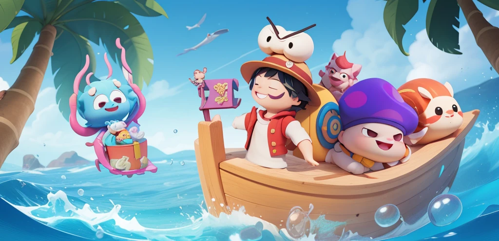 Poster,Group of people,Several characters are adventuring at sea,sticker,一只带着straw hat的snails在船上,snails,One Piece Luffy,straw hat,Detailed background,Grinning,Two eyes on the top of the head,,Biting a branch,lol,露齿lol,With a branch in his mouth,Red vest,红色和的straw hat,A pink wild boar,A purple mushroom,一只snails,A jellyfish holding a gift box filled with diamonds,Small flag,Isometric,xxxxxxxx cartoon 3d model,Low Poly,3d艺术,C4D,octane
rendering, 3D Rendering, Ray traction, Clay Materials, Pixar Trends, Animated Lighting, Depth of Field, Super Detail, Pastel colors, mockup, Clean background, Delicate gloss, Soft focus, oc, Blender, intellectual property, best quality, 8k--s 250--v 5.1
(Lovely)A snail in a straw hat, Luffy carries a snail shell on his back, no eyes., There are two snail antennae on the head instead of eyes, Q version, Lovely, One Piece, Lufei, Lufei, the king of sea thieves., Straw hat, Snail, Red Tide, On the ship., Set sail, Red vest, Snail, popmart, cartoon, 2d rendering, 2d cartoon, profile, cute, cartoon, toys, bright tones, cartoon ip, volumetric lighting, advanced colour system, octane rendering, soft focus and ethereal lighting style, 3D Pixar: 2. 5 style, extremely detailed cg unity 8k, dramatic, lora, style of 3d disney animation, style of 3D Pixar animation, Full body view, high exposure, Lights on the face, Bright tones, Half of the chibi, style of pixar animation, Christopher studio light, professional illustration, in style of romantic soft focus and ethereal light, Cartoons, pixar: 2.5 style, extremely detailed cg unity 8k wallpaper, extremely detailed cg unity 8k, dramatic, 2d, 3d, best quality --s 750