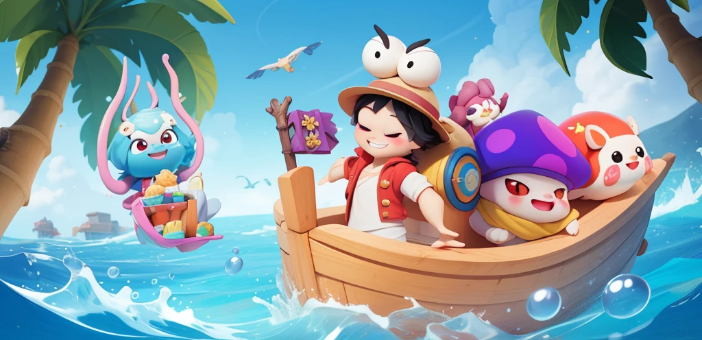 Poster，Group of people，Several characters are adventuring at sea，sticker，一只带着straw hat的snails在船上，snails，One Piece Luffy，straw hat，Detailed background，Grinning，Two eyes on the top of the head，，Biting a branch，lol，露齿lol，With a branch in his mouth，Red vest，红色和的straw hat，A pink wild boar，A purple mushroom，一只snails，A jellyfish holding a gift box filled with diamonds，Small flag，Isometric,xxxxxxxx cartoon 3d model,Low Poly,3d艺术,C4D,octane
rendering, 3D Rendering, Ray traction, Clay Materials, Pixar Trends, Animated Lighting, Depth of Field, Super Detail, Pastel colors, mockup, Clean background, Delicate gloss, Soft focus, oc, Blender, intellectual property, best quality, 8k--s 250--v 5.1
(Lovely)A snail in a straw hat, Luffy carries a snail shell on his back, no eyes., There are two snail antennae on the head instead of eyes, Q version, Lovely, One Piece, Lufei, Lufei, the king of sea thieves., Straw hat, Snail, Red Tide, On the ship., Set sail, Red vest, Snail, popmart, cartoon, 2d rendering, 2d cartoon, profile, cute, cartoon, toys, bright tones, cartoon ip, volumetric lighting, advanced colour system, octane rendering, soft focus and ethereal lighting style, 3D Pixar: 2. 5 style, extremely detailed cg unity 8k, dramatic, lora, style of 3d disney animation, style of 3D Pixar animation, Full body view, high exposure, Lights on the face, Bright tones, Half of the chibi, style of pixar animation, Christopher studio light, professional illustration, in style of romantic soft focus and ethereal light, Cartoons, pixar: 2.5 style, extremely detailed cg unity 8k wallpaper, extremely detailed cg unity 8k, dramatic, 2d, 3d, best quality --s 750