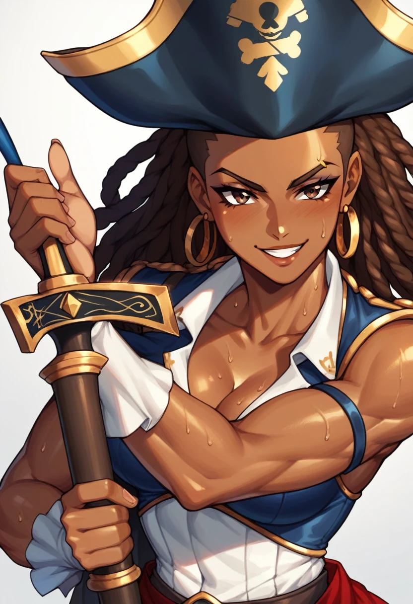 (masterpiece), best quality, expressive eyes, perfect face, perfect eyes, perfect hair, perfect body, perfect hands, perfect fingers, high detail, best detail, pirate, cavalier pirate hat, pirate leathers, sheathed sword, cocky smile, confident, dominant, powerful, pirate raid, raiding ship, fighting, background chaos, dark skin, beautiful brown skin, beautiful dreadlocks, Adult Female, sweat, toned body,
