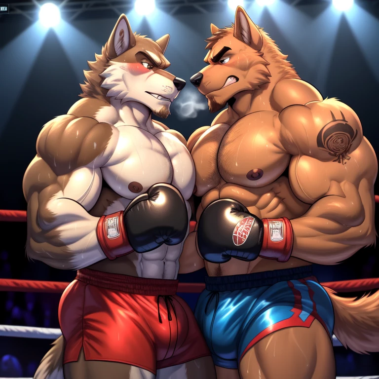 Duo male(Brown Wolf vs Brown Wolf, handsomes, tails, handsomes hairstyles, beards, Thick eyebrows), gay(cuddling embraced, flexing abs, face to face, on a boxing match), hot(Shirtless), handsomes(They are handsomes, correct anatomy), musculosos(Big muscle bodies, Six packs, muscle abs, big pecs, muscle backs, muscle legs), sweaty(very sweaty wet bodies, shiny sweat), tatuajes(they have tattoos), Grumpy(Both have an grumpy blushed expression, growling, grumpy teeths, steaming breath), Boxing gloves(They both are wearing red Boxing gloves), Boxing shorts(They both are wearing boxing shorts), Hight resolution, by(Zourik:1.1)