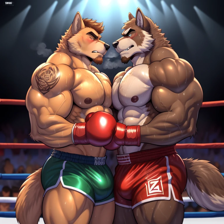 Duo male(Brown Wolf vs Brown Wolf, handsomes, tails, handsomes hairstyles, beards, Thick eyebrows), gay(cuddling embraced, flexing abs, face to face, on a boxing match), hot(Shirtless), handsomes(They are handsomes, correct anatomy), musculosos(Big muscle bodies, Six packs, muscle abs, big pecs, muscle backs, muscle legs), sweaty(very sweaty wet bodies, shiny sweat), tatuajes(they have tattoos), Grumpy(Both have an grumpy blushed expression, growling, grumpy teeths, steaming breath), Boxing gloves(They both are wearing red Boxing gloves), Boxing shorts(They both are wearing boxing shorts), Hight resolution, by(Zourik:1.1)