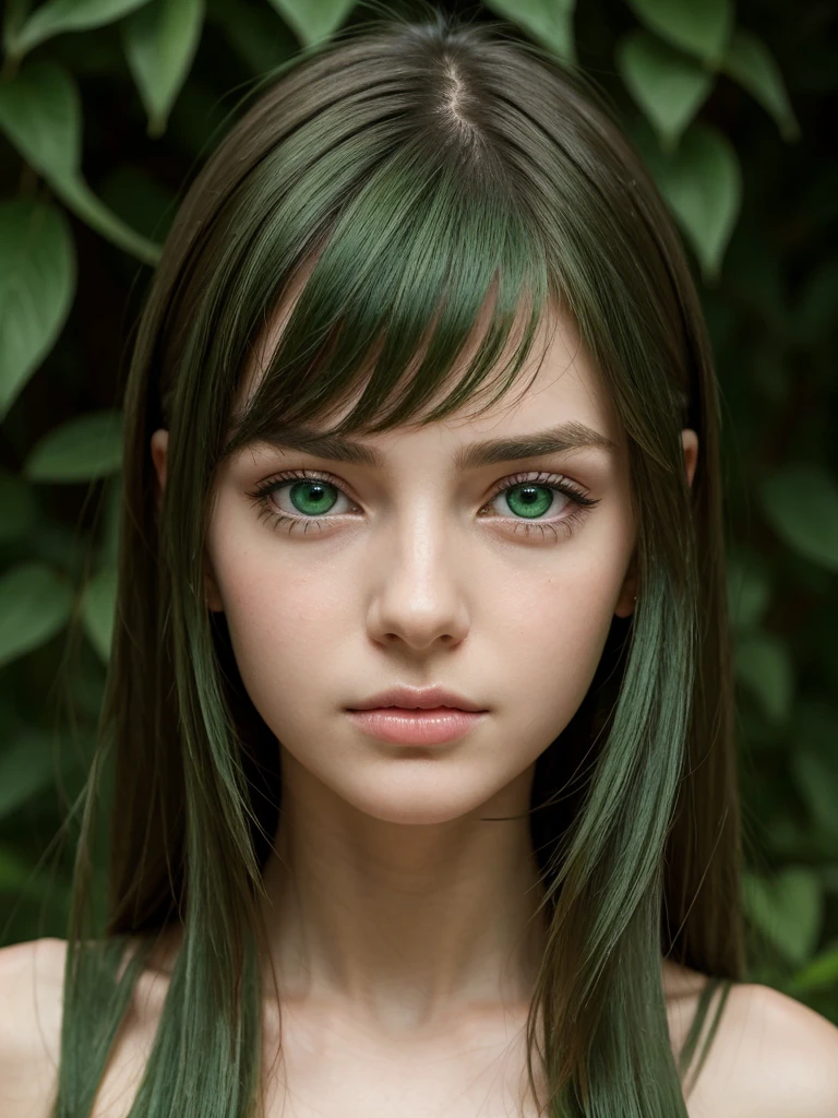 facial portrait.  a girl.  face sent feeling.  Europe.  Oval face.  long face.  delicate facial features.  sad eyes.  seductively seductive.  green eyes.  long straight hair.  green hair.  very sad expression.  shy
