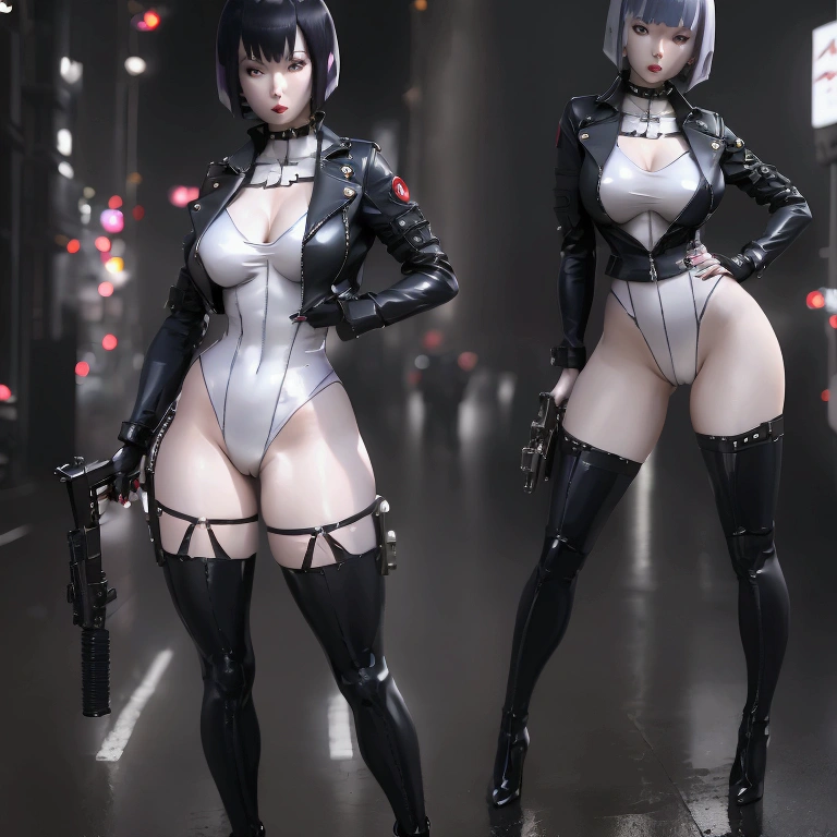 High resolution photo of a woman、Beautiful woman in a bare-chested white leotard、Dark blue bob hair、bangs、stockings、High heel boots、Holds a gun from the future、Black leather jacket、ghost in the Shell、Motoko Kusanagi、City of the Future、