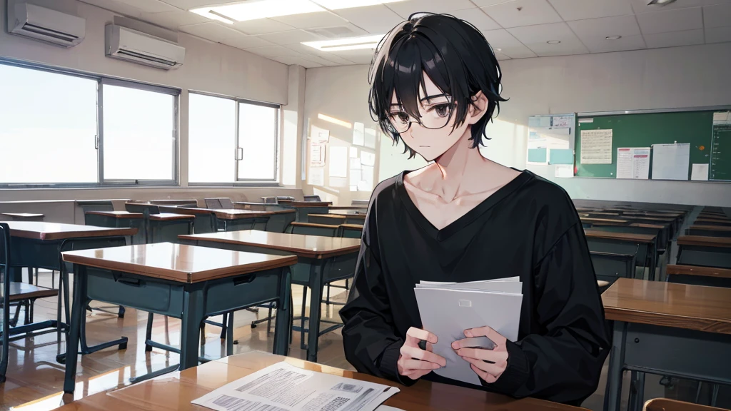 young man, black hair, black eyes, glasses, high , classroom, quiet, gloomy, introvert