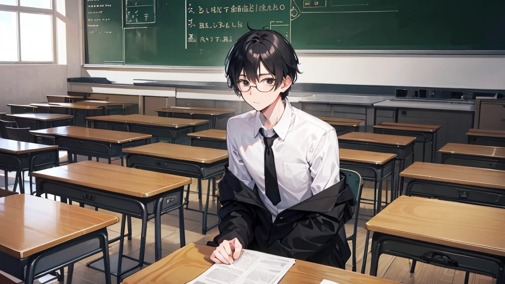 young man, black hair, black eyes, glasses, high , classroom, quiet, gloomy, introvert