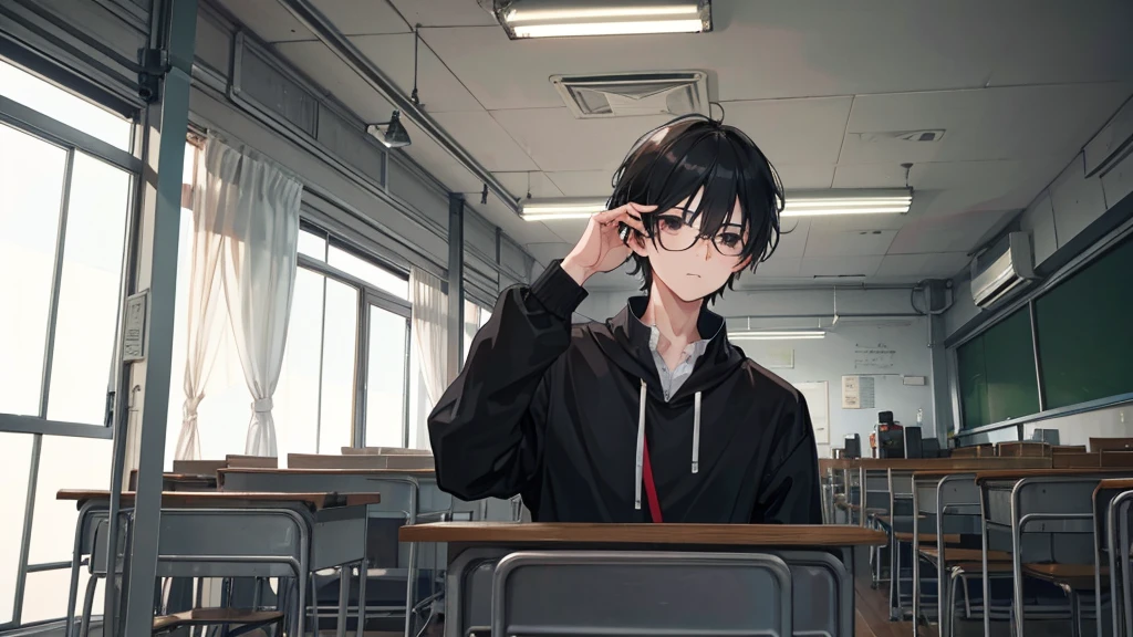 young man, black hair, black eyes, glasses, high , classroom, quiet, gloomy, introvert