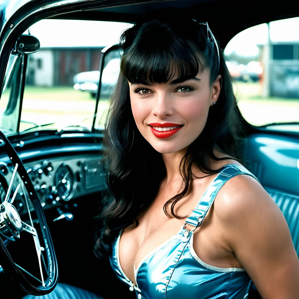 solo lovely smiling Bettie Page,, inside a car repairing shop, working on a motor,(highest quality texture), film quality, Mechanic's overalls dirty with grease, boot,tight leather gloves, gorgeous rembranndt like lighting, (Rembrandt patch), (highest quality window details), silky long dark hair, hair bangs to her eyes, every detail,Fine facial features, Masterpiece – Masterpiece ○○ quality – ○○ quality best quality(Highest Quality) ,Leica film, best, solo female, High quality (hiquality) etc ○○ detailed – ○○ details ultra detailed(Ultra-fine ), Photorealistic, Extremely detailed(Extremely detailed) , Finely detailed(Fine-grained), (highest detail skin texture peachfuzz earlobe realistic) etc ○○ res – ○○ resolution ultra high res(A high resolution) , very high texture res(light resolution), Realistic – Realistic Photorealistic – photorealistic beautiful – beautiful 4k , 8K, artsy shop front, close and intimate,