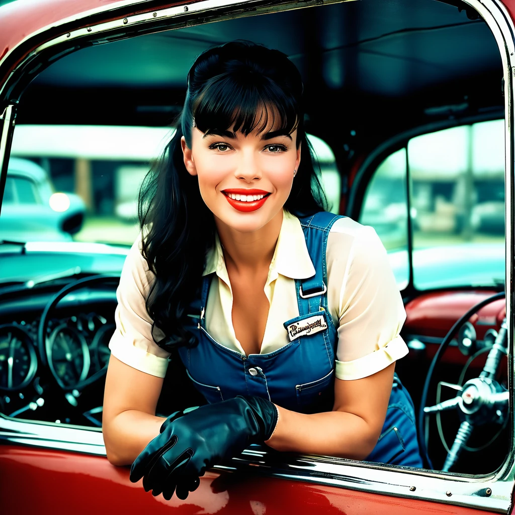 solo lovely smiling Bettie Page,, inside a car repairing shop, working on a motor,(highest quality texture), film quality, Mechanic's overalls dirty with grease, boot,tight leather gloves, gorgeous rembranndt like lighting, (Rembrandt patch), (highest quality window details), silky long dark hair, hair bangs to her eyes, every detail,Fine facial features, Masterpiece – Masterpiece ○○ quality – ○○ quality best quality(Highest Quality) ,Leica film, best, solo female, High quality (hiquality) etc ○○ detailed – ○○ details ultra detailed(Ultra-fine ), Photorealistic, Extremely detailed(Extremely detailed) , Finely detailed(Fine-grained), (highest detail skin texture peachfuzz earlobe realistic) etc ○○ res – ○○ resolution ultra high res(A high resolution) , very high texture res(light resolution), Realistic – Realistic Photorealistic – photorealistic beautiful – beautiful 4k , 8K, artsy shop front, close and intimate,