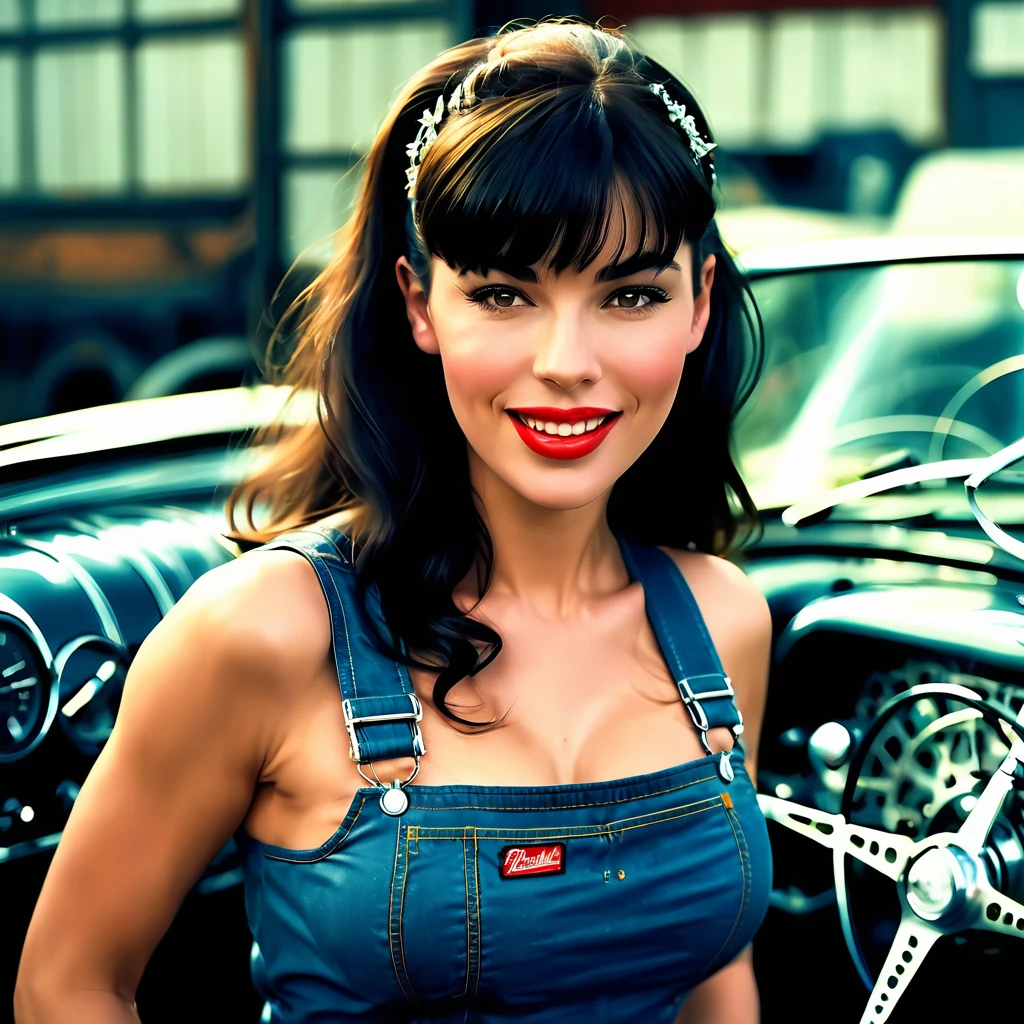 solo lovely smiling Bettie Page,, inside a car repairing shop, working on a motor,(highest quality texture), film quality, Mechanic's overalls dirty with grease, boot,tight leather gloves, gorgeous rembranndt like lighting, (Rembrandt patch), (highest quality window details), silky long dark hair, hair bangs to her eyes, every detail,Fine facial features, Masterpiece – Masterpiece ○○ quality – ○○ quality best quality(Highest Quality) ,Leica film, best, solo female, High quality (hiquality) etc ○○ detailed – ○○ details ultra detailed(Ultra-fine ), Photorealistic, Extremely detailed(Extremely detailed) , Finely detailed(Fine-grained), (highest detail skin texture peachfuzz earlobe realistic) etc ○○ res – ○○ resolution ultra high res(A high resolution) , very high texture res(light resolution), Realistic – Realistic Photorealistic – photorealistic beautiful – beautiful 4k , 8K, artsy shop front, close and intimate,