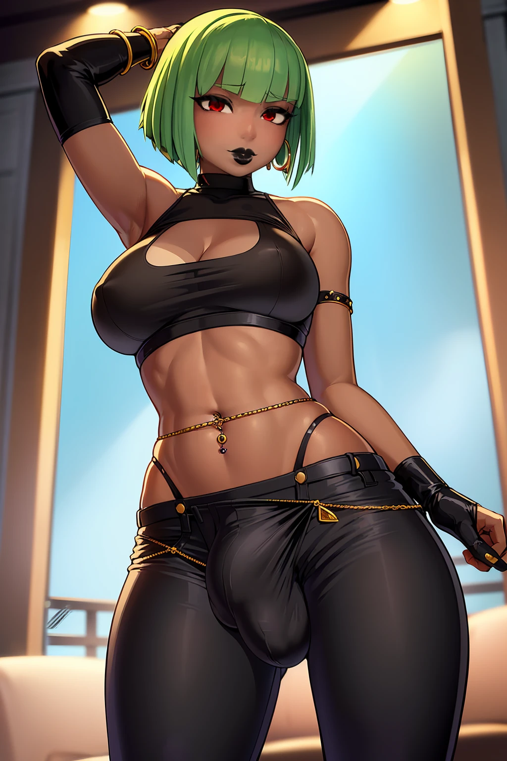 (solo:1.1),(masterpiece), (best quality:1.3), highly detailed, intricate, professional art, digital art, absurdres, confidant, emerald sustrai, futanari emerald sustrai wearing a crop top with arm gloves and pants confidently in a club,(Black see through top:1.4), (pants:1.6), 1girl, solo, (dark skin:1.5), green hair, bob hair, gold hoop earrings, gold jewellery, ab lines,(gold navel piercing:1.1), detailed stomach, red eye colour, dark skin, average breasts, (aroused:1.2), (futanari:1.1), (wide hips:1.4), (makeup 1:1), beestung lips, (black lipstick:1.3), large penis, panty straps riding hips, (large crotch bulge:1.4), crotch bulge, large testicles , furniture, fontal view, universal lighting
