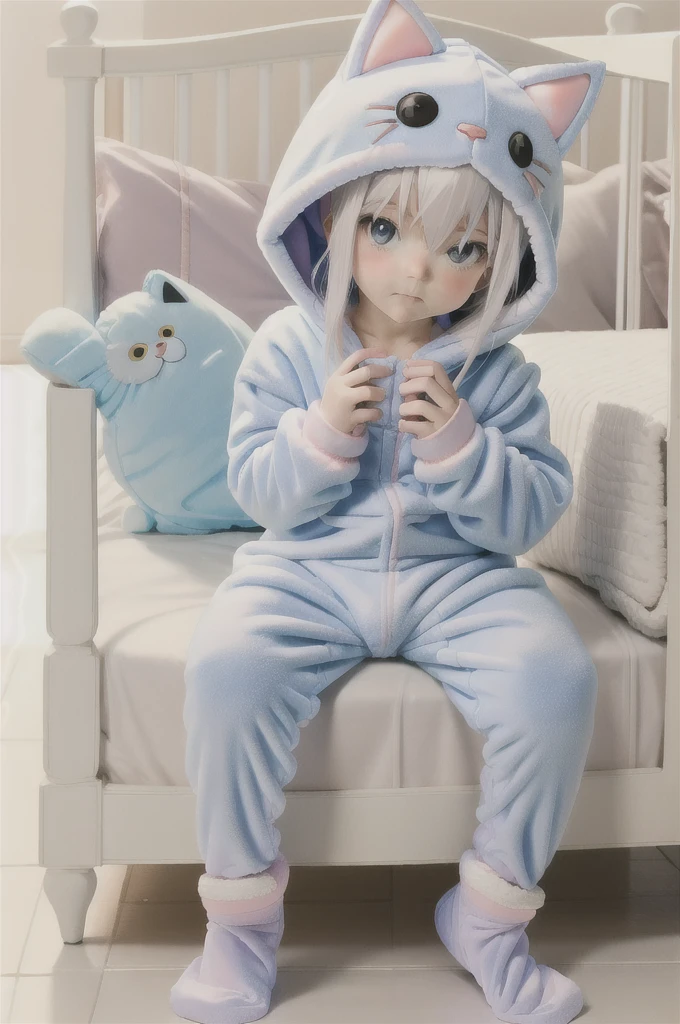 An anime image of a teenage boy with white hair playing with baby toys. teething ring, ((playing with toys)), (wearing cat hoodie-footie pjs), (((wearing a diaper))), [[sleeping]], (in a crib 1.5), stuffed animals, ((1boy)), best quality, extremely detailed, highly detailed, masterpiece, soft lighting, warm colors, pastel colors, (well drawn fingers), hood up