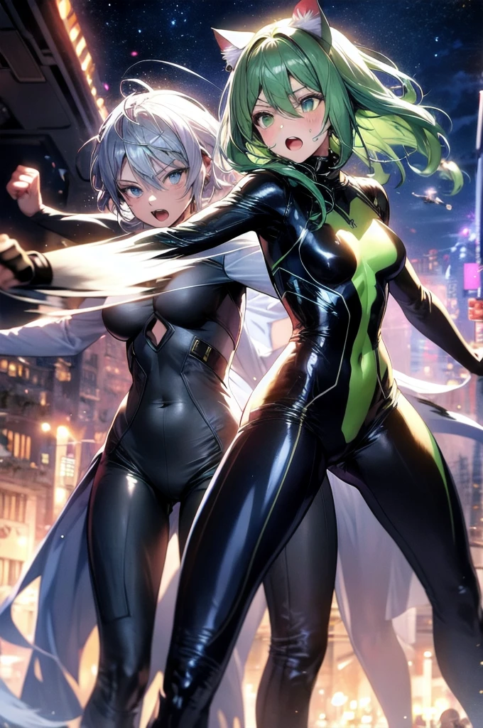 A silver-haired beautiful girl with cat ears eyes are green hair is silver and long clothes: a form-fitting black combat suit The fist is an afterimage The background is a city at night her is in a cat-like fighting pose The year is 14 years monitor, Dark Night, Sweat, Steam of Exhalation, Space, Battle, Dynamic Angle one girl