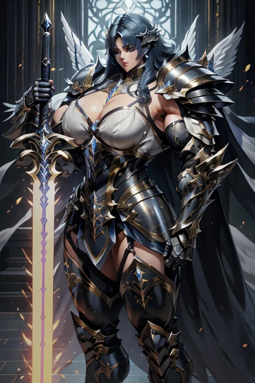((Massive beautiful, buff, pale white skinned muscular female saint knight with royal blue hair, black lipstick, ginormous bulky muscles, carrying a giant sword and wearing a royal blue Saint Seiya Gemini Armor)), (((close view))), large breast, massive muscles, massive biceps, hyper muscle shoulders, hyper muscle triceps, (long curly wavy hair), white eyes, (Paladin boots), (angel metal armor), breastplate, (angel gauntlets), (holy Shoulder armor), closed smile, (in a heavenly castle), Vascular arms, hyper muscles arms, hyper muscle legs, massive buff arms.