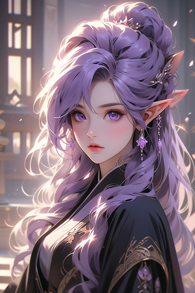1girl, purple hair, elven ears, black robe