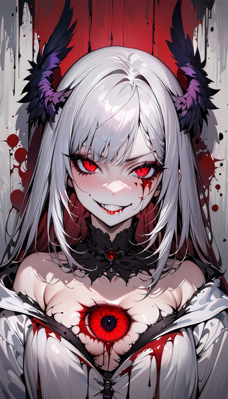 (((Nsfw, Vulgar))),wet-on-wet oil painting depicting a dark angel, a semi-realistic full body portrait, blood on the angel face,, red eyes, gorgeous painting, breathtaking, semirealistic, beautiful colors, evil, beautiful red eyes, detailed textures, massive blackdark feathers, blood, white hair, evil grin, evil smile