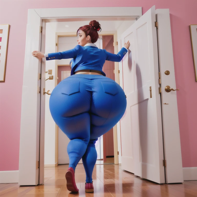 masterpiece, 1girl behind a doorway, from behind, (doorstuck, stuckbehind:1.3), huge hips, round belly, thick thighs, giant butt,colorful clothing, wearing a blue suit and tie and formal pants, upset, desperately trying to wiggle through, she tries to free herself but she won't budge, she is stuck tight view from behind, she is too wide, the doorway is quite narrow too, she kicks her legs furiously, trying to wiggle her hips through the small door