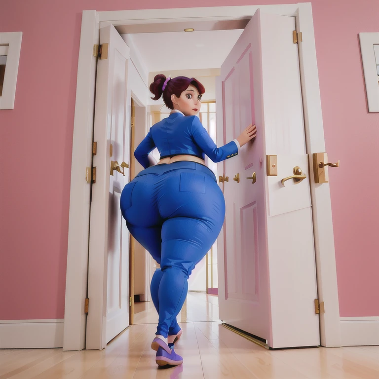 masterpiece, 1girl behind a doorway, from behind, (doorstuck, stuckbehind:1.3), huge hips, round belly, thick thighs, giant butt,colorful clothing, wearing a blue suit and tie and formal pants, upset, desperately trying to wiggle through, she tries to free herself but she won't budge, she is stuck tight view from behind, she is too wide, the doorway is quite narrow too, she kicks her legs furiously, trying to wiggle her hips through the small door