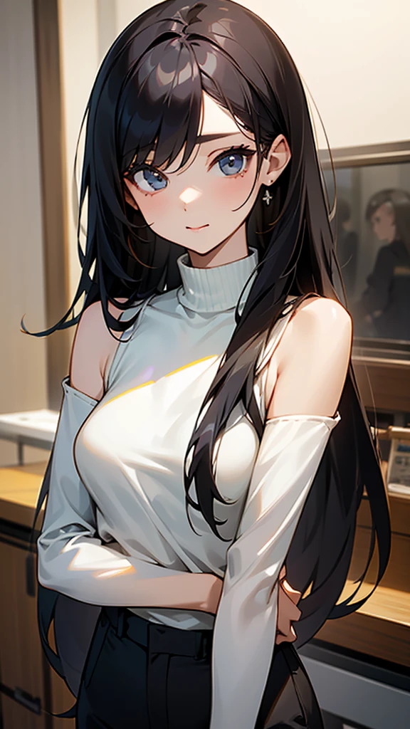beautiful girl、portrait、Black straight long hair、Office Casual Fashion、black Sleeveless high neck knit、Tight pants style、slender、Model Body Type、Ideal Style、 women、Slim and cute、off shoulder foodie、casual、