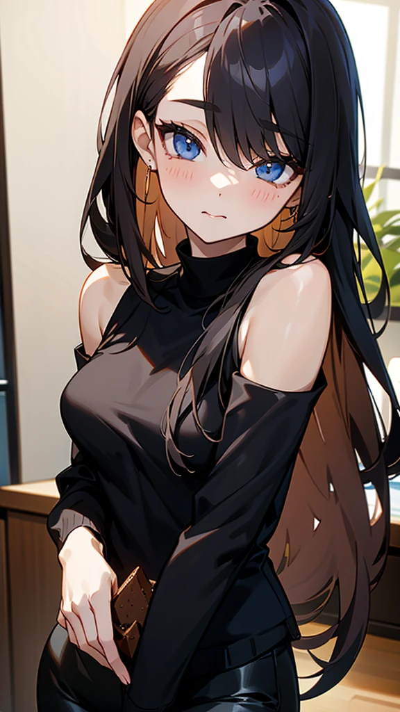 beautiful girl、portrait、Black straight long hair、Office Casual Fashion、black Sleeveless high neck knit、Tight pants style、slender、Model Body Type、Ideal Style、 women、Slim and cute、off shoulder foodie、casual、