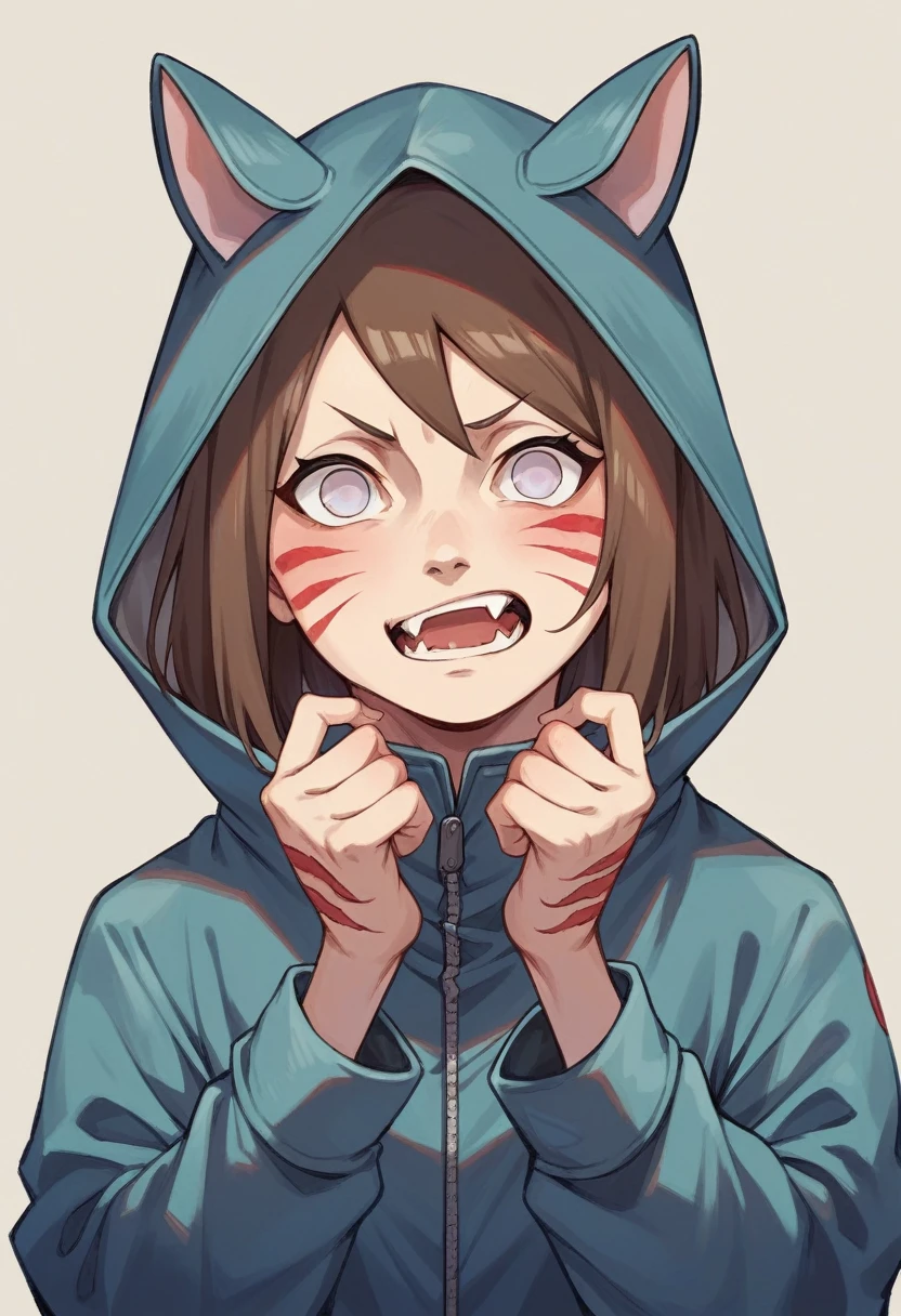 (naruto screenshot)(manga screenshot)(Kiba Inuzuka) :Brown hair, eyes with elongated pupils, grayish blue jacket with black fur on the hood, red fang-shaped marks on the cheeks