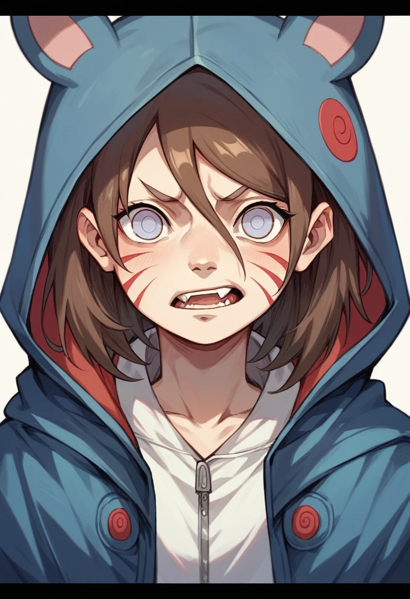(naruto screenshot)(manga screenshot)(Kiba Inuzuka) :Brown hair, eyes with elongated pupils, grayish blue jacket with black fur on the hood, red fang-shaped marks on the cheeks