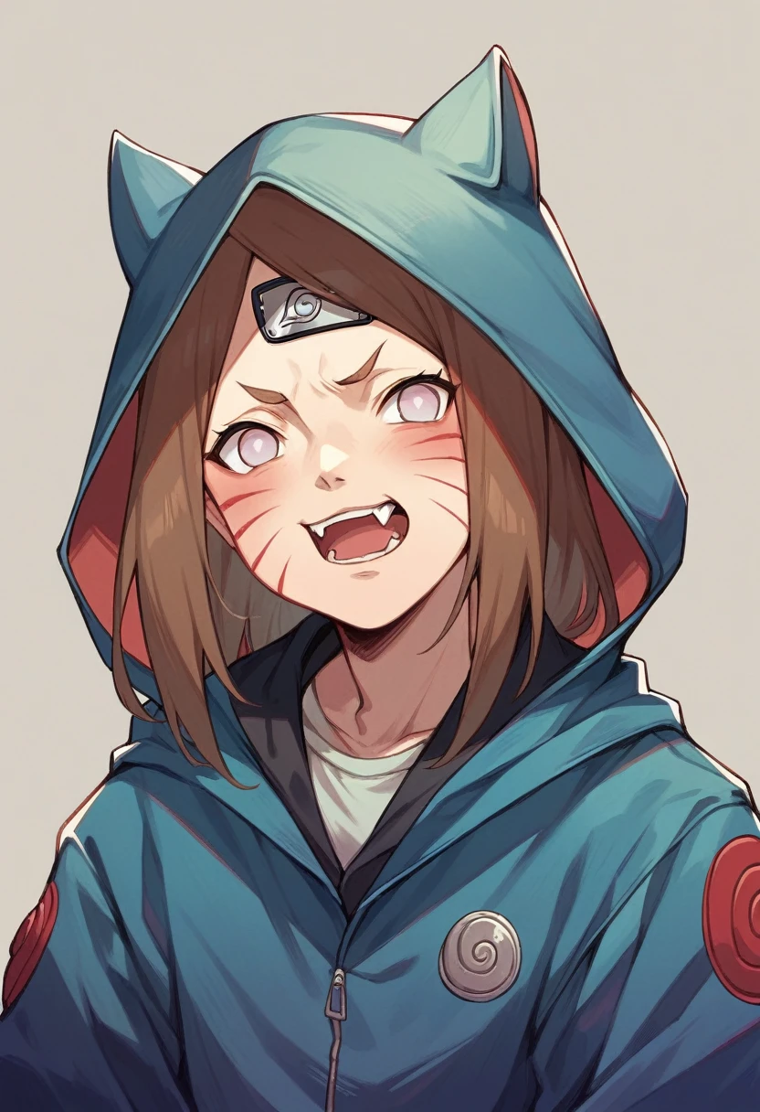 (naruto screenshot)(manga screenshot)(Kiba Inuzuka) :Brown hair, eyes with elongated pupils, grayish blue jacket with black fur on the hood, red fang-shaped marks on the cheeks