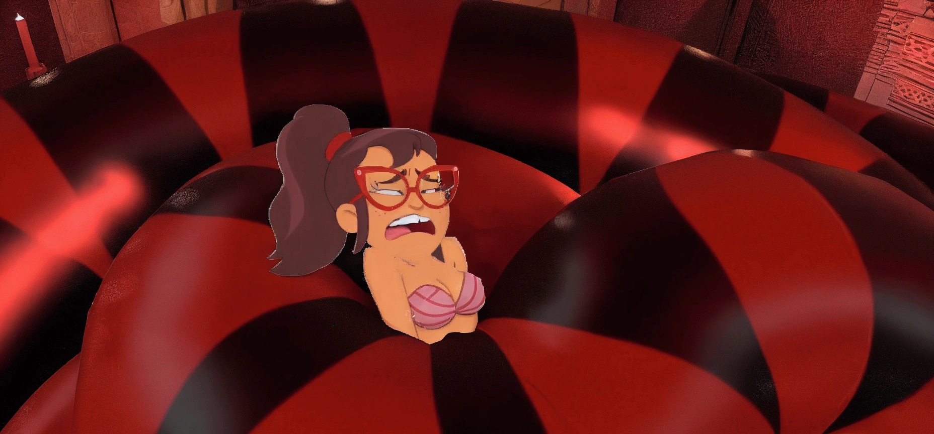 cartoon of a woman with glasses and a red shirt crying, tina belcher as a real person, velma, fujita goro!, brittney lee, tina belcher, desperate pose, furr covering her chest, peggy hill, satoshi - kon, bite her lip, inspired by Gaston Anglade, disgusted, gordon freeman as a woman, loish |