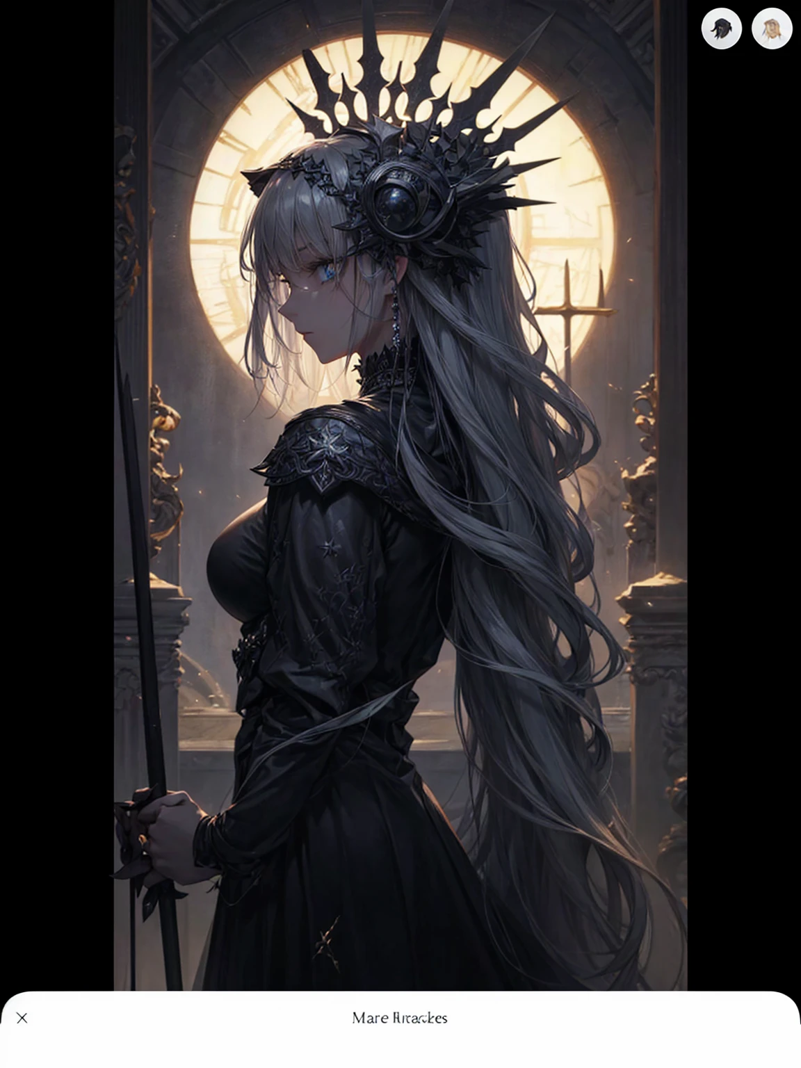 a young dark fantasy church priestess, with long black hair and white streaks, wearing an eyepatch on one eye, and her blueish green eyes, she cares a serious expression on her face and an angel like appearance, she wears elegant yet simple and modest black outfit, with some silver jewelry, she also wears a long see through veil on her head, with a faded sliver star shaped halo at the behind her head, she is holding her hands together symbolizing a prayer gesture.Long Hair, Black Hair, Blue eyes, mysterious, Hood, Halo, Anatomically Correct, Best Quality, Accurate, High Resolution, Looking at viewer, back view