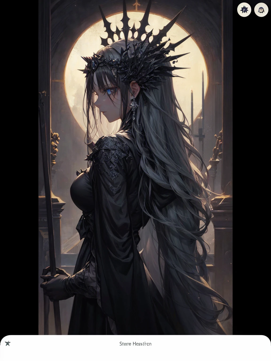 a young dark fantasy church priestess, with long black hair and white streaks, wearing an eyepatch on one eye, and her blueish green eyes, she cares a serious expression on her face and an angel like appearance, she wears elegant yet simple and modest black outfit, with some silver jewelry, she also wears a long see through veil on her head, with a faded sliver star shaped halo at the behind her head, she is holding her hands together symbolizing a prayer gesture.Long Hair, Black Hair, Blue eyes, mysterious, Hood, Halo, Anatomically Correct, Best Quality, Accurate, High Resolution, Looking at viewer, back view