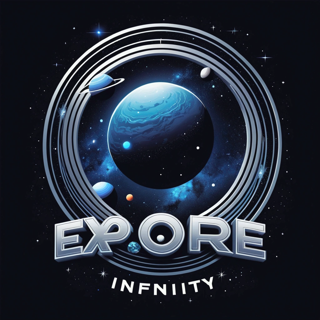 "Space, vector; Triadic color palette (black, dark blue, silver). Design with the phrase 'Explore Infinity' in a 'futuristic font'. Add a drawing of planets and stars around the phrase. Surrealist style, synthwave :: vector t-shirt, central composition, simple background:--ar 1:1."