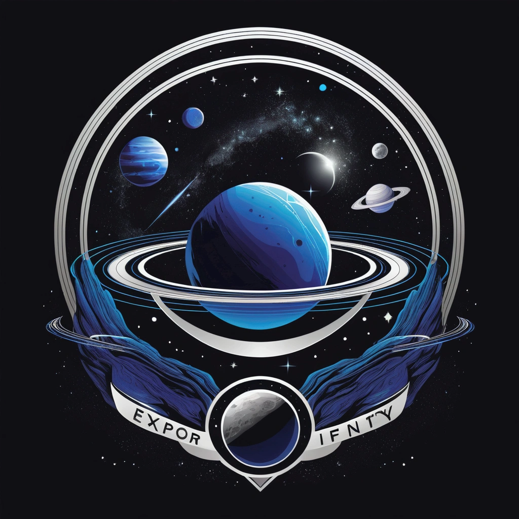 "Space, vector; Triadic color palette (black, dark blue, silver). Design with the phrase 'Explore Infinity' in a 'futuristic font'. Add a drawing of planets and stars around the phrase. Surrealist style, synthwave :: vector t-shirt, central composition, simple background:--ar 1:1."
