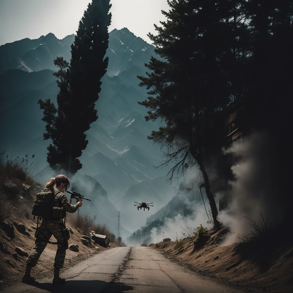 A female military shooter, with the back exposed, with camouflage tries to shoot down a drone 