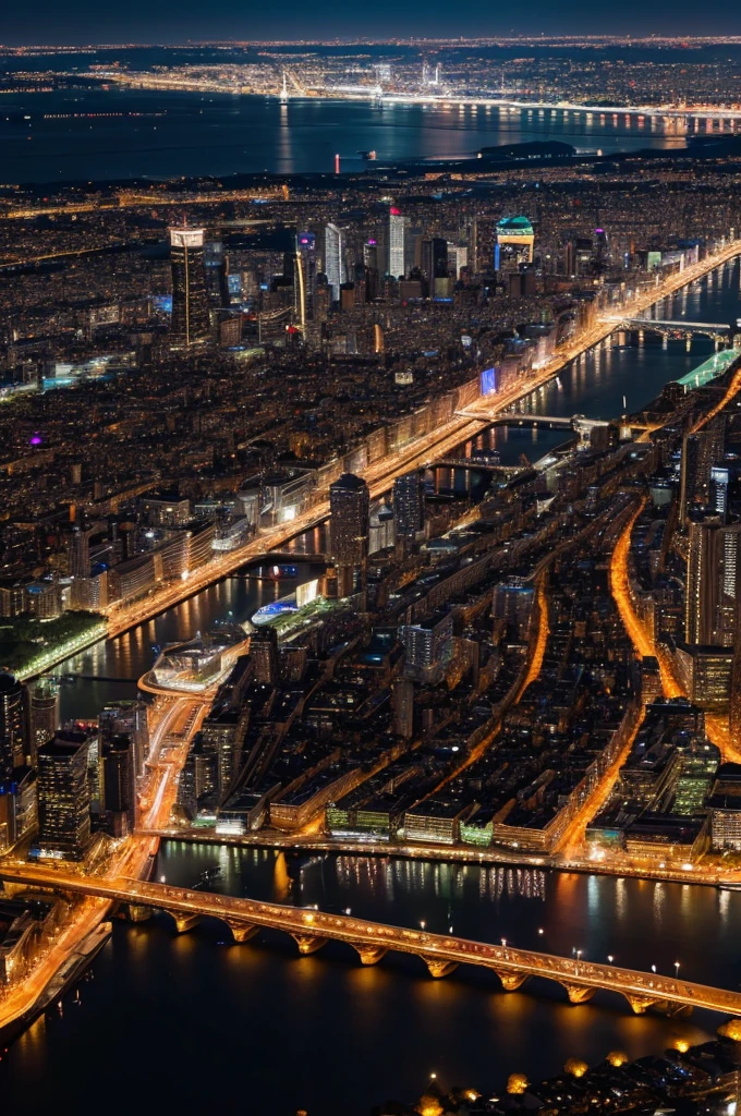 City skyline at night. UFOs fly in the sky, large illuminations and a river sparkle below.