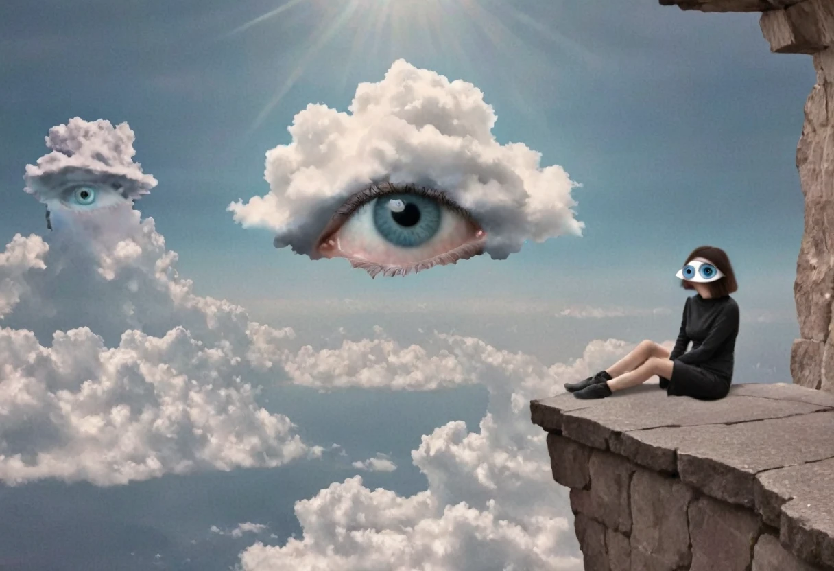 a surreal scene where a woman sits on the edge of a stone ledge, gazing at the sky adorned with a massive eye peering out from behind a cloud, blending elements of human presence with the bizarre and weirdcore 