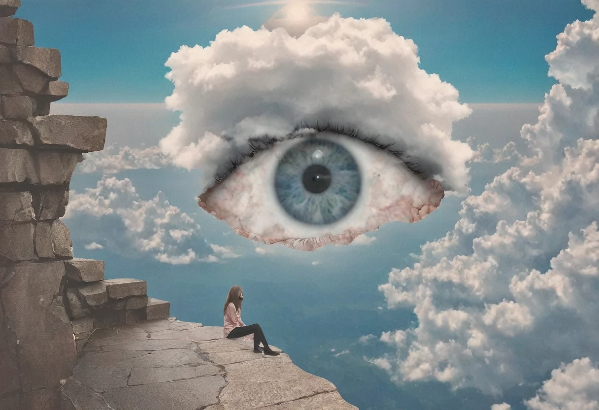 a surreal scene where a woman sits on the edge of a stone ledge, gazing at the sky adorned with a massive eye peering out from behind a cloud, blending elements of human presence with the bizarre and weirdcore 