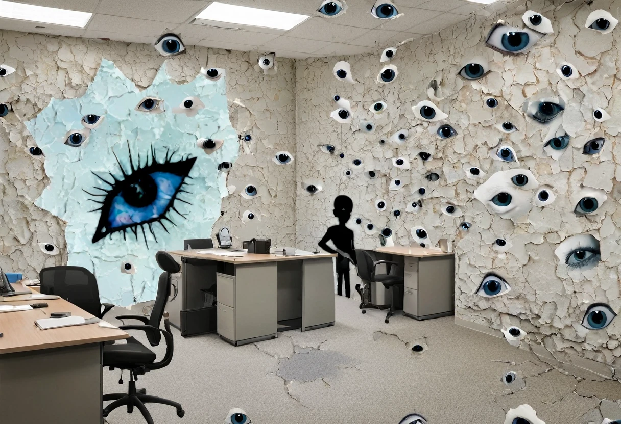 an image with a surreal, distorted office setting featuring cracked paint on the walls and a human silhouette with many eyes 