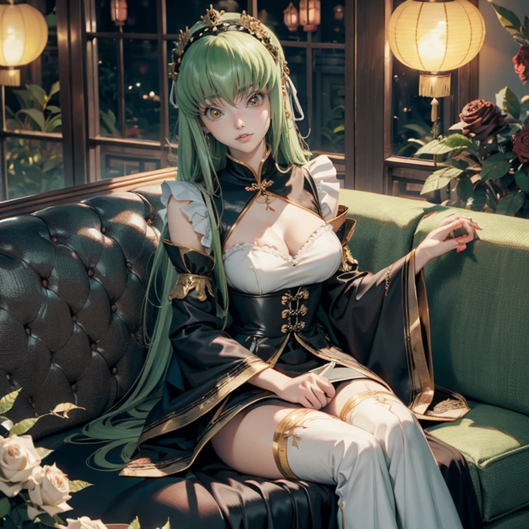 C.C_(code geass), 1girl, white roses, ornament hair, black roses on her hair, maid, black maid dress, black maid headdress, maid apron, green hair, long hair, seat on a red sofa, chinese home style, black maid dress, gold lantern, black dress, more details on her clothes, golden details, night, smiling, chinese architecture, solo, alone