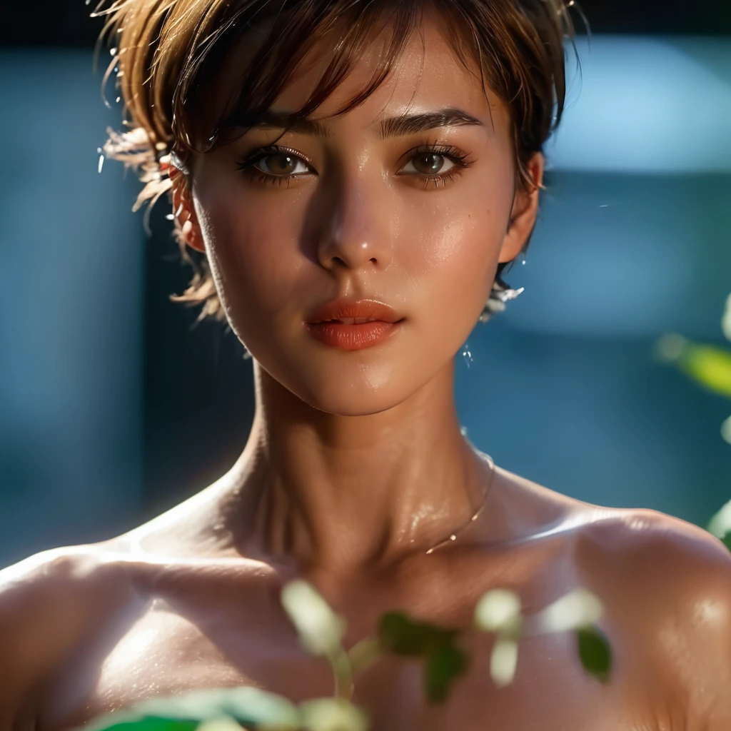 ((The best quality, 8k, Masterpiece: 1.3)), sharp focus: 1.2, A beautiful woman with a perfect body: 1.4, thin abdomen: 1.2, ((Layered haircut, small breasts: 1.3)), (without bra) (Small and beautiful hard nipple) (Thin and damp button up to shirt length: 1.1), Highly Detailed Face and Skin Texture, detailed eyes, double eyelid, tanned skin, sexy
