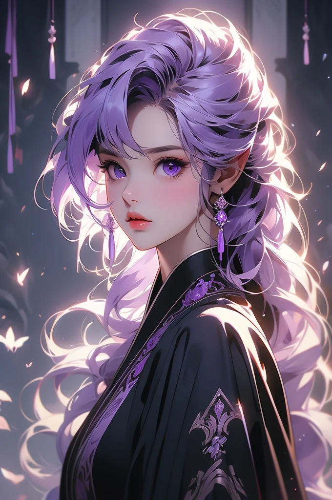 1girl, purple hair, dark elf, black robe