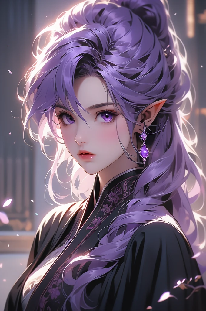 1girl, purple hair, dark elf, black robe