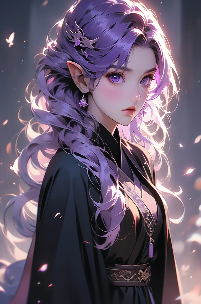 1girl, purple hair, dark elf, black robe
