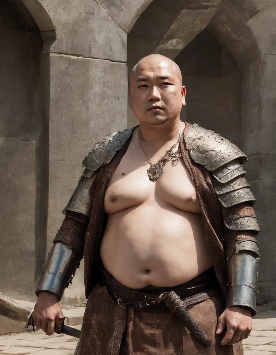 Male, Fat, Chubby, Asian, 50 years old, Stained, Dirty, Wet, not wearing a shirt, Shirtless, Knight, Crown, armor, sword, horse, castle.