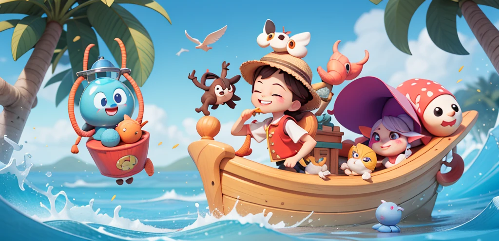 Poster,Group of people,Several characters are adventuring at sea,sticker,一只带着straw hat的snails在船上,snails,One Piece Luffy,straw hat,Detailed background,Grinning,Two eyes on the top of the head,,Biting a branch,lol,露齿lol,With a branch in his mouth,Red vest,红色和的straw hat,A pink wild boar,A purple mushroom,一只snails,A jellyfish holding a gift box filled with diamonds,Small flag,Isometric,xxxxxxxx cartoon 3d model,Low Poly,3d艺术,C4D,octane
rendering, 3D Rendering, Ray traction, Clay Materials, Pixar Trends, Animated Lighting, Depth of Field, Super Detail, Pastel colors, mockup, Clean background, Delicate gloss, Soft focus, oc, Blender, intellectual property, best quality, 8k--s 250--v 5.1
(Lovely)A snail in a straw hat, Luffy carries a snail shell on his back, no eyes., There are two snail antennae on the head instead of eyes, Q version, Lovely, One Piece, Lufei, Lufei, the king of sea thieves., Straw hat, Snail, Red Tide, On the ship., Set sail, Red vest, Snail, popmart, cartoon, 2d rendering, 2d cartoon, profile, cute, cartoon, toys, bright tones, cartoon ip, volumetric lighting, advanced colour system, octane rendering, soft focus and ethereal lighting style, 3D Pixar: 2. 5 style, extremely detailed cg unity 8k, dramatic, lora, style of 3d disney animation, style of 3D Pixar animation, Full body view, high exposure, Lights on the face, Bright tones, Half of the chibi, style of pixar animation, Christopher studio light, professional illustration, in style of romantic soft focus and ethereal light, Cartoons, pixar: 2.5 style, extremely detailed cg unity 8k wallpaper, extremely detailed cg unity 8k, dramatic, 2d, 3d, best quality --s 750
