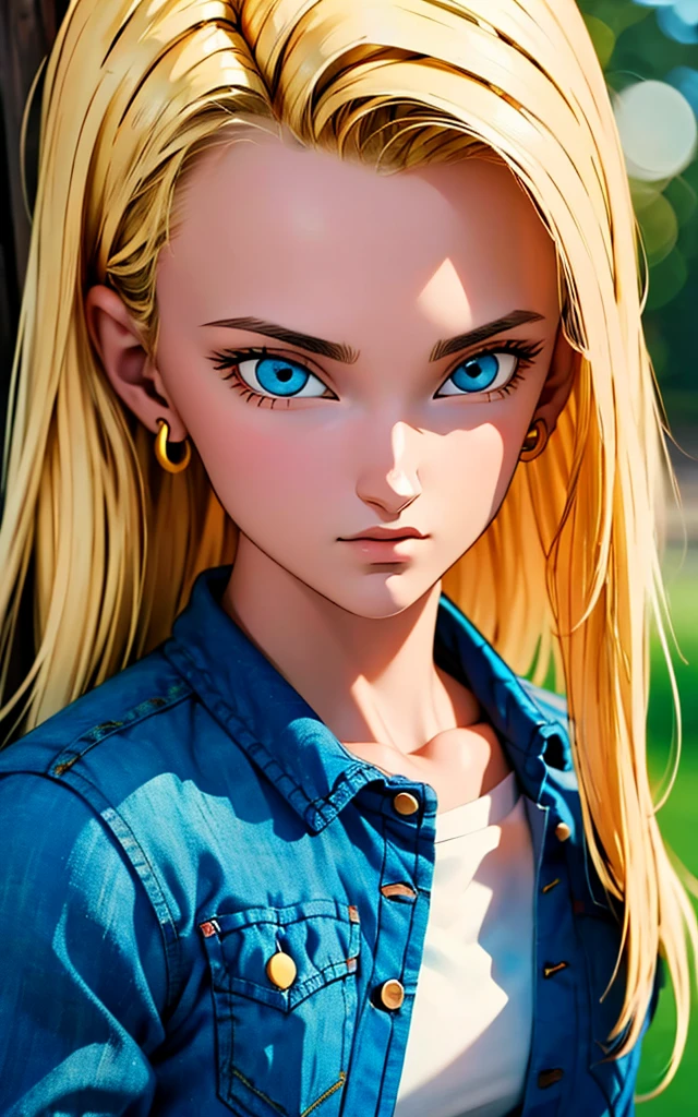 (masterpiece, best quality), Long Straight Blonde Hair realistic version of android18, earrings, denim, belt upper body, focus face, perfect face, Emily Rudd.